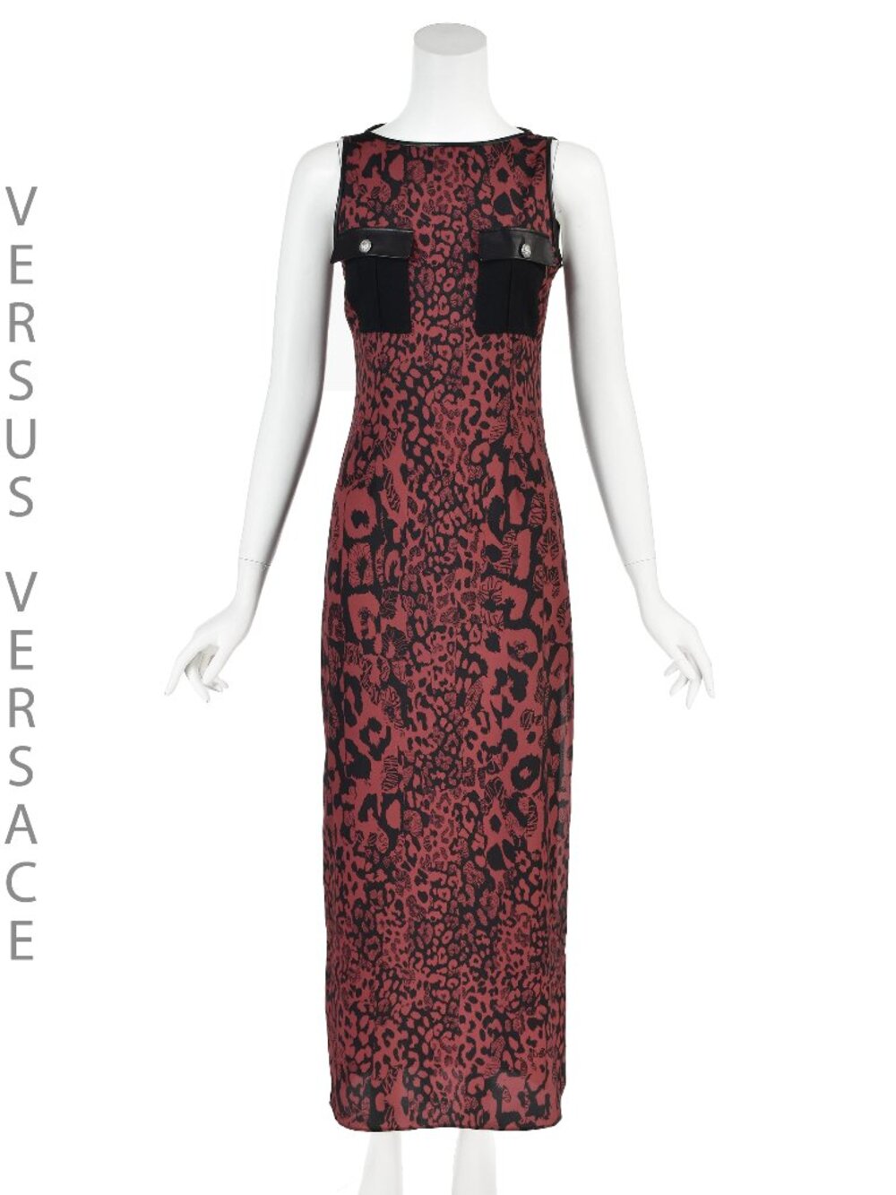 VERSUS VERSACE Brick Red & Black Animal Print Column Dress w/Leather Trim, NWOT